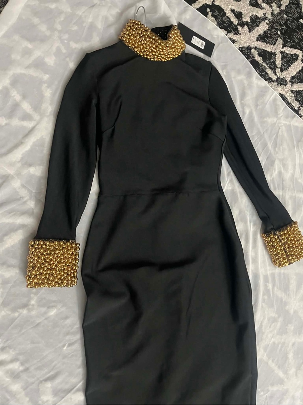 Black Long-Sleeve Cocktail Dress with Gold Beaded Collar & Cuffs